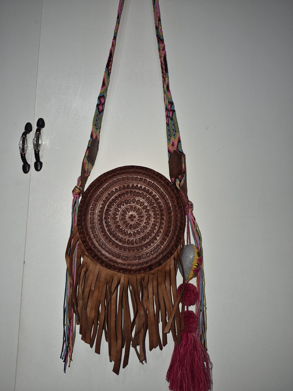 Bohemian Brown Round Fringe Crossbody Bag with Colorful Strap